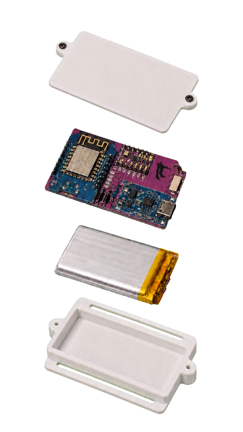 Exploded RaptorVR tracker showing lid, electronics, battery, and enclosure